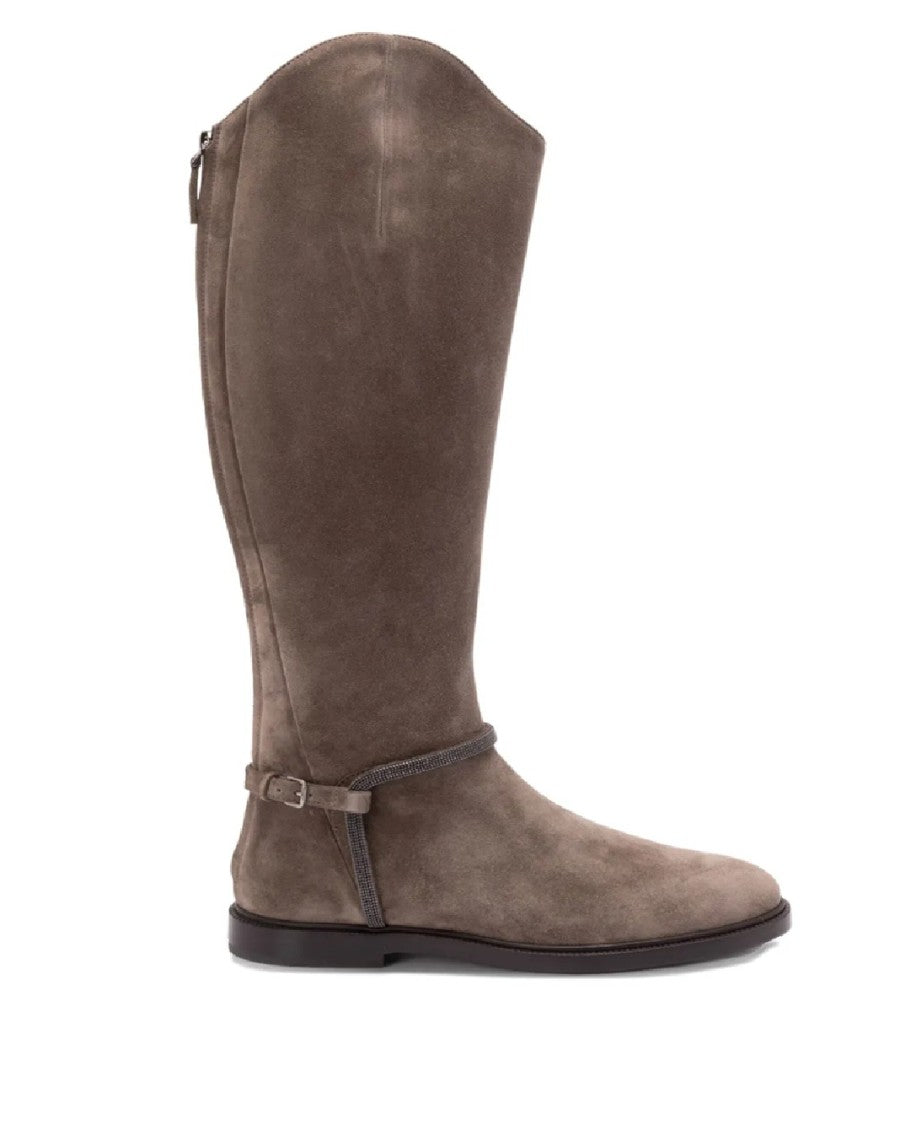 Brunello Cucinelli Suede Tall Boots With Ankle Strap