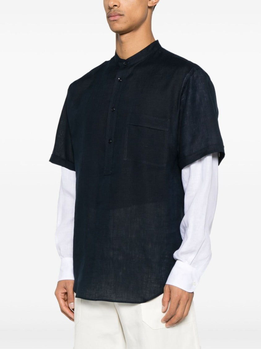 Giorgio Armani Layered Navy Blue Shirt With Band Collar And Buttoned Cuffs