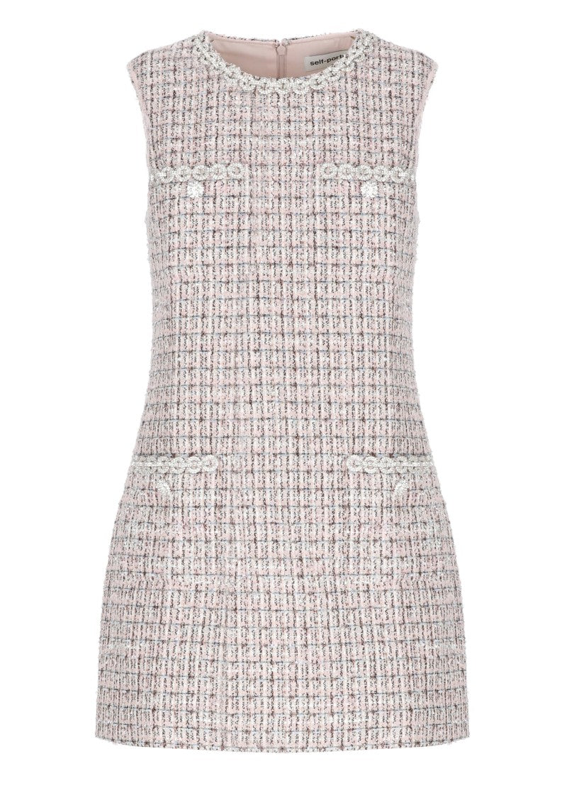 Self-Portrait Intricately Textured Pink Boucle Dress With Strass Accents