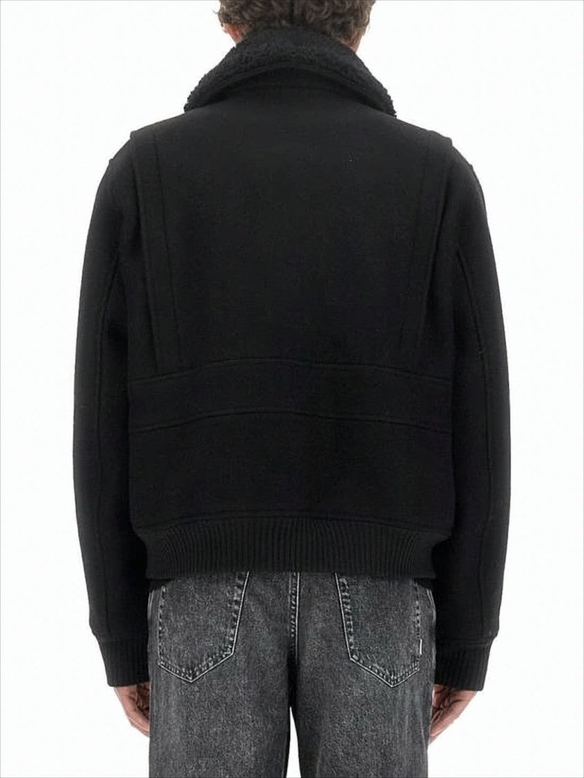 Ami Cropped Black Wool Jacket With Oversized Collar