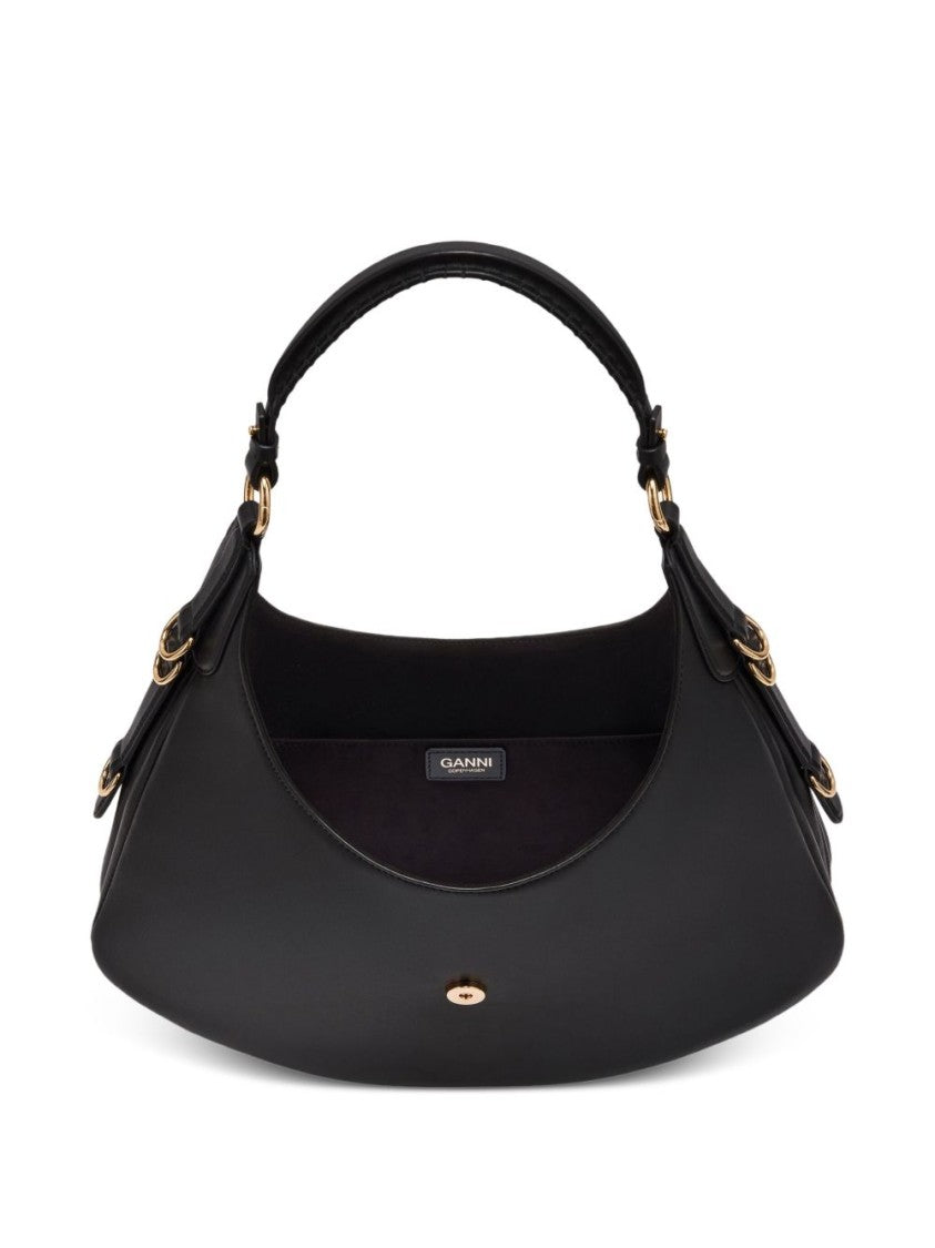 Ganni Crescent-Shaped Leather Shoulder Bag With Gold Accents