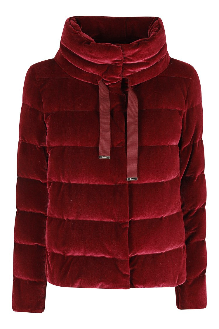 Herno Padded Burgundy Velvet Down Coat With High Collar