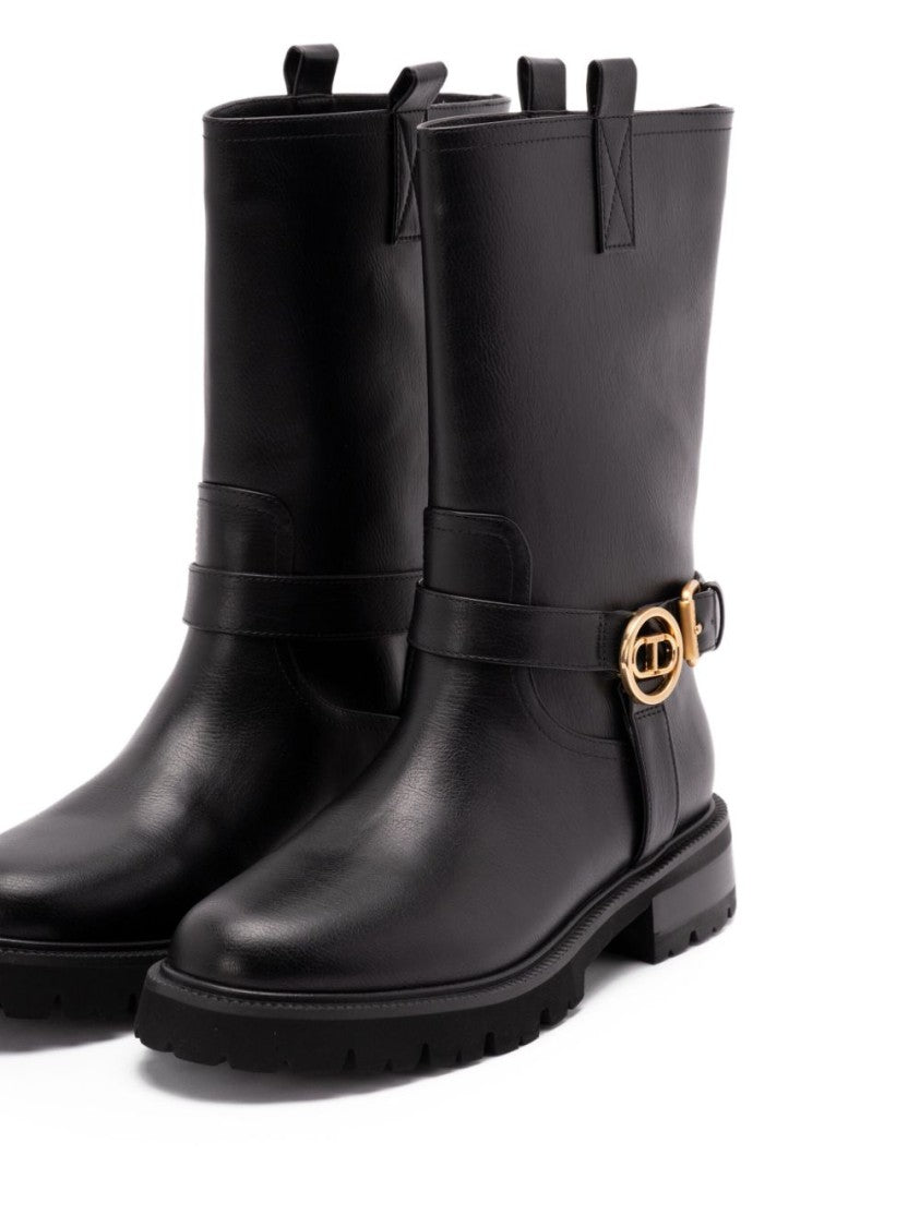 Twin-Set Mid-Calf Black Leather Boots With Buckle Fastening