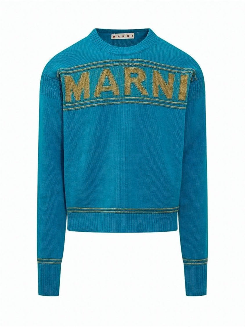 Marni Cropped Blue Knit Sweater With Iconic Logo