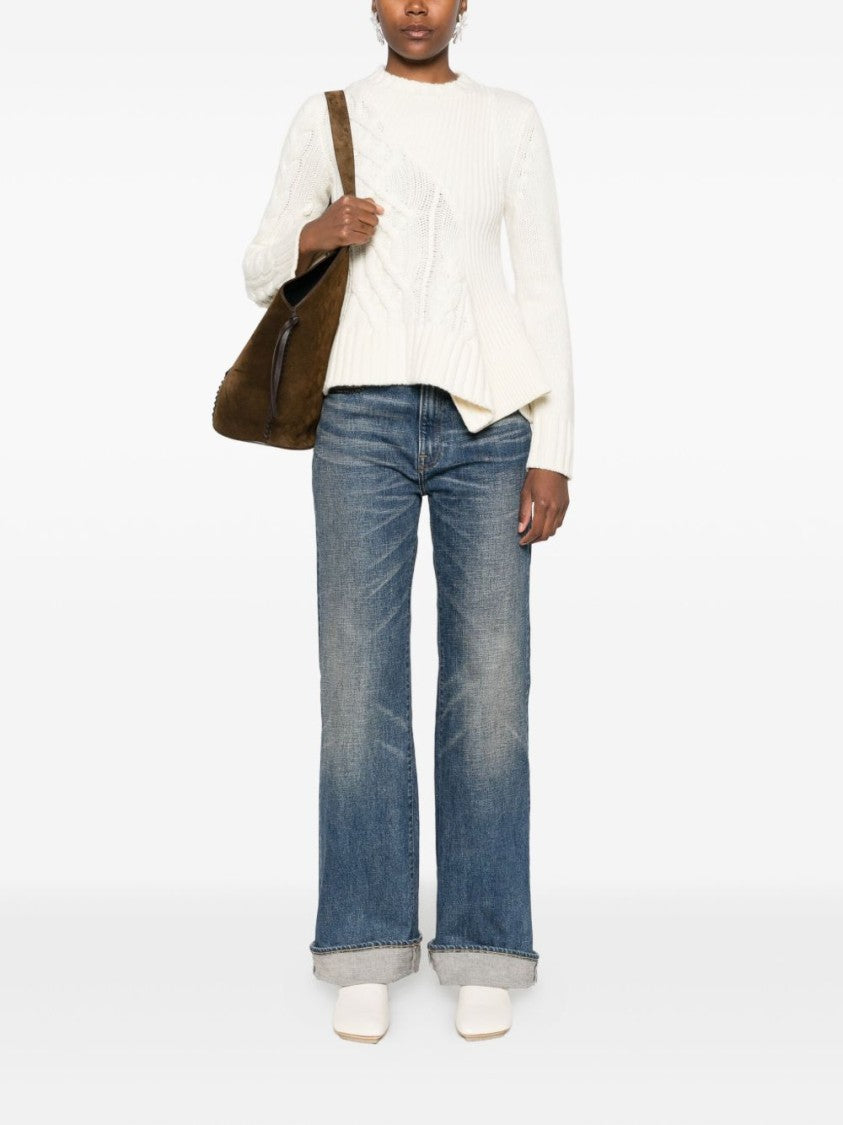 Sacai Cable Knit Sweater With Ruffled Hem And Asymmetrical Details
