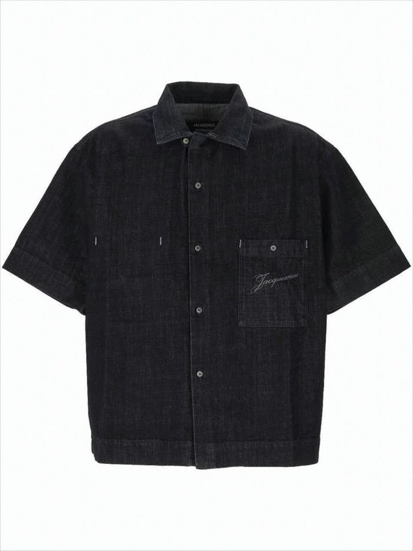 Jacquemus Cropped Boxy Cotton Shirt With Classic Collar And Embroidered Pocket