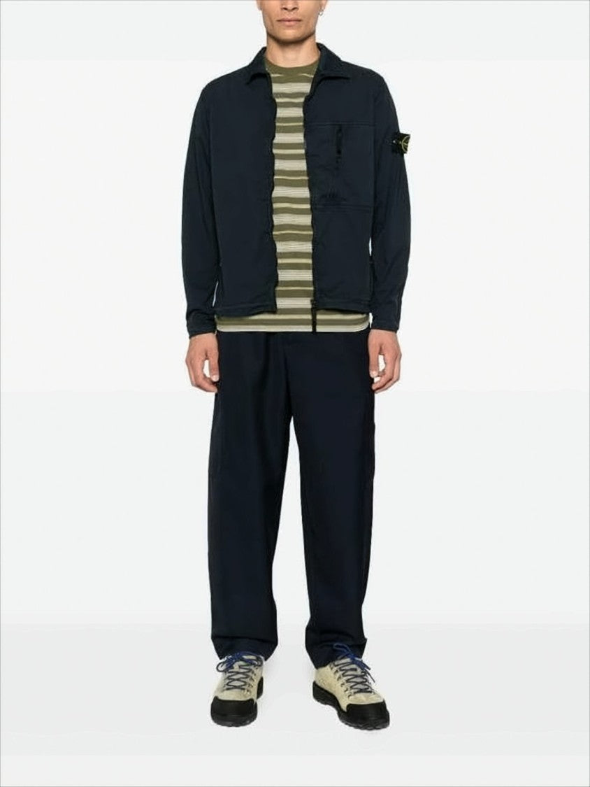 Stone Island Long-Sleeve Black Casual Shirt With Zip Pocket And Patch Logo