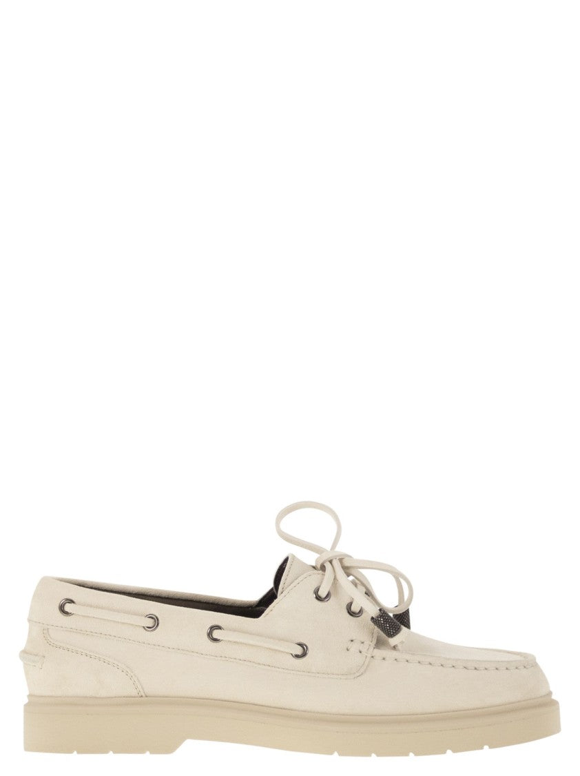 Brunello Cucinelli Penny Loafer Sail In Camoscio Con Shiny Aglets