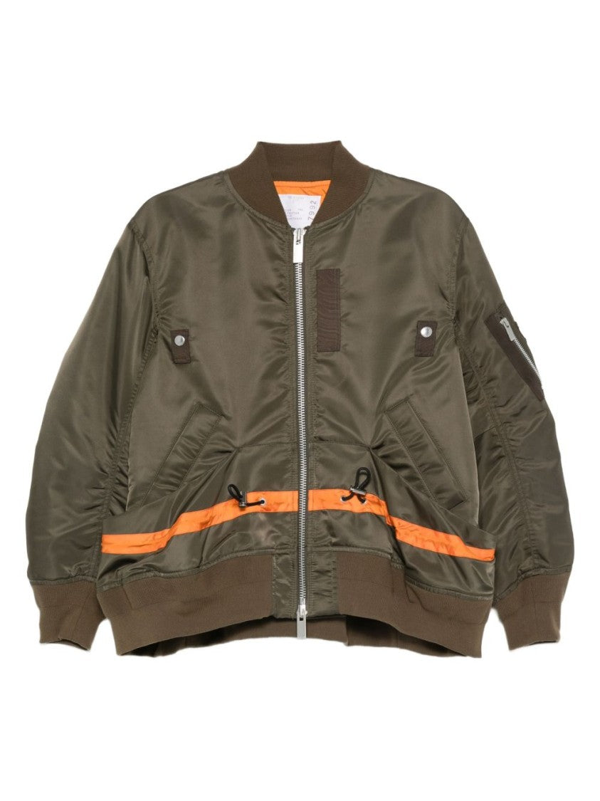 Sacai Short Jacket With Khaki Base And Orange Stripe Detail
