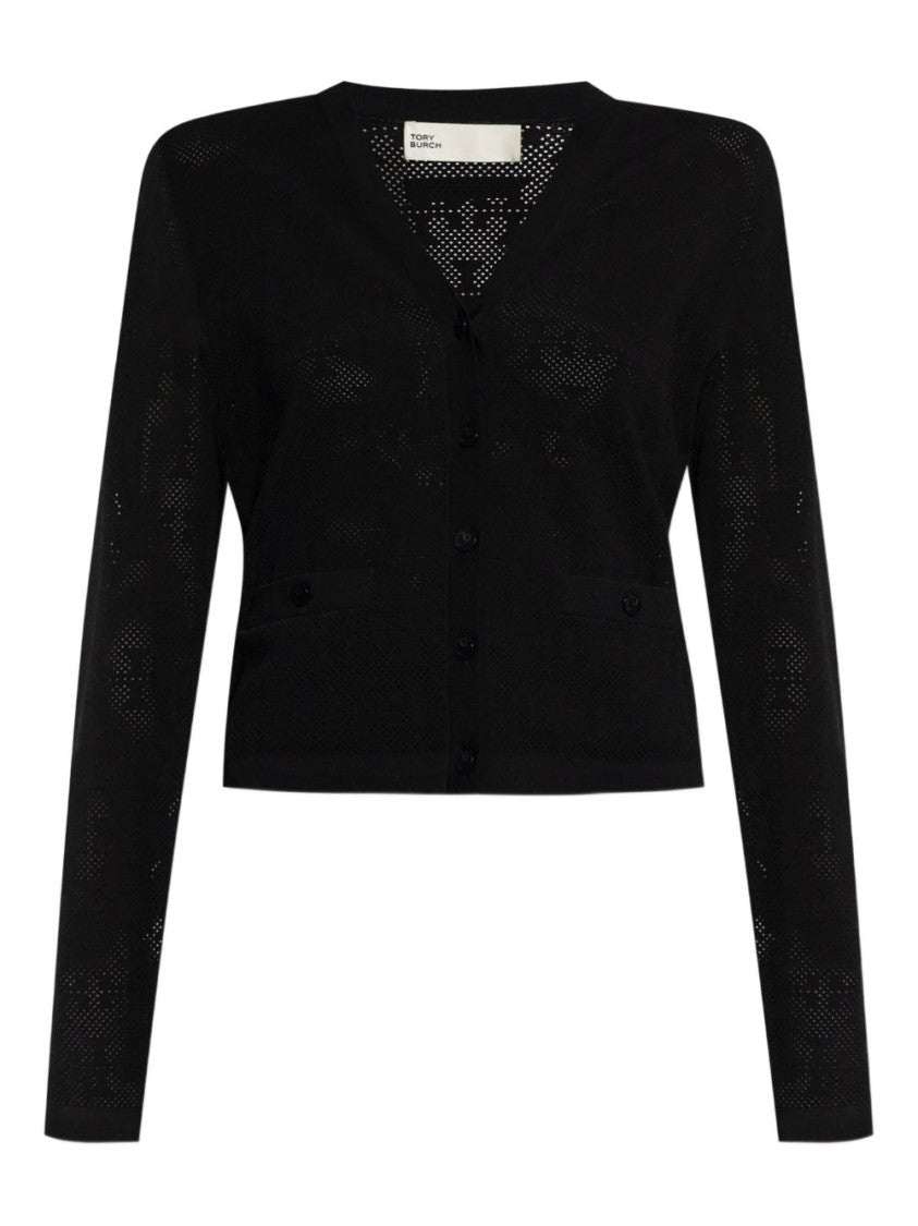 Tory Burch Textured Black Button Front Top With V-Neckline And Pockets