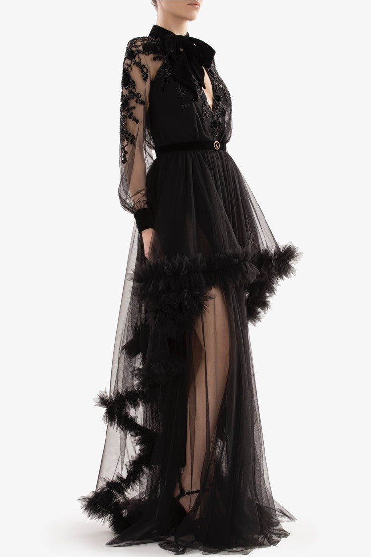 Saiid Kobeisy Embroidered Tulle Dress With Ruffles
