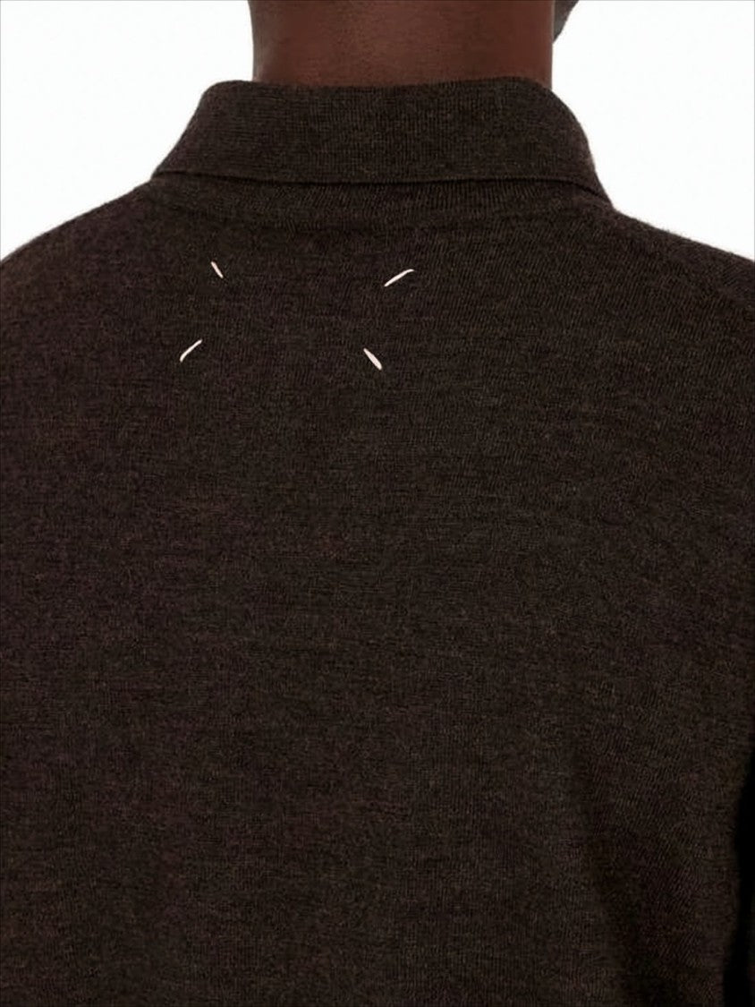 Maison Margiela Dark Brown Wool Knit Polo Sweater With Suede Elbow Patches