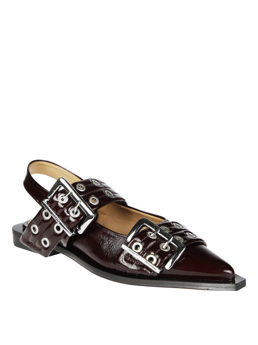 Ganni Buckle Detail Burgundy Ballerina Flats