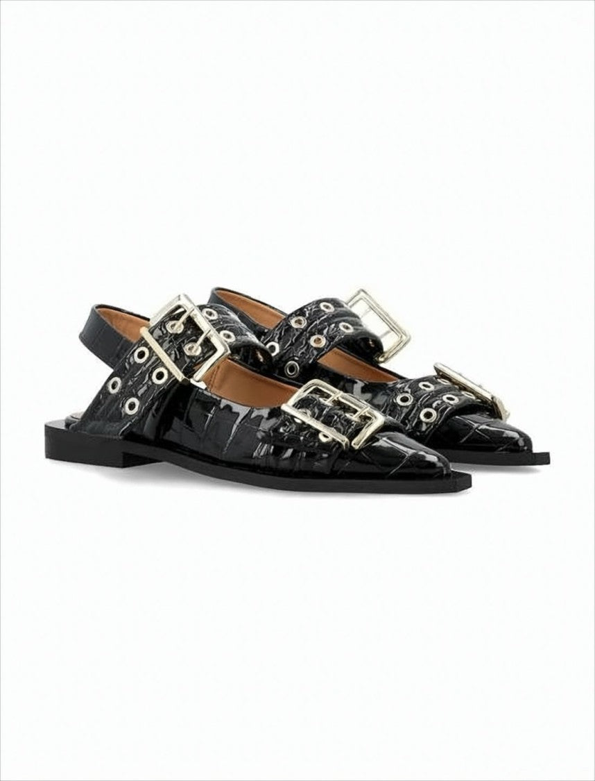 Ganni Pointed Toe Flats With Gold-Tone Buckles