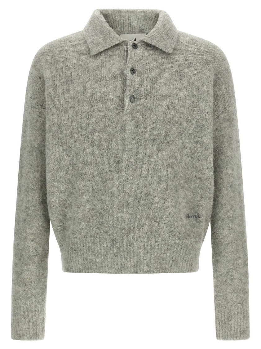 Ami Heathered Knit Polo Shirt With Embroidered Logo
