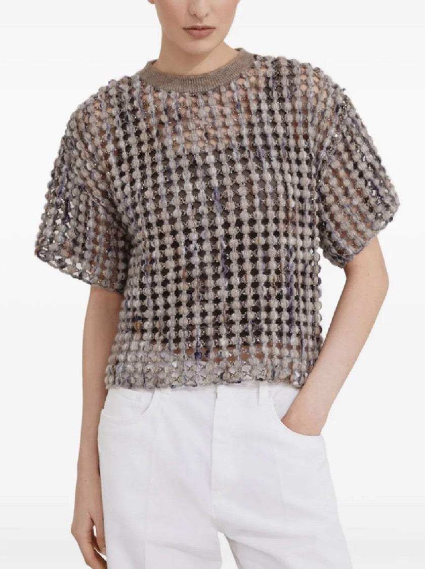 Brunello Cucinelli Open-Weave Short-Sleeved Top In Neutrals