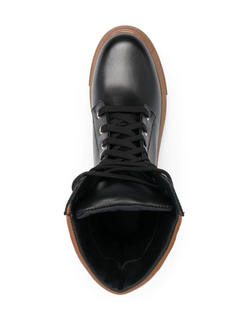 Baldinini Sleek Black Leather Ankle Boots With Padded Brown Collar