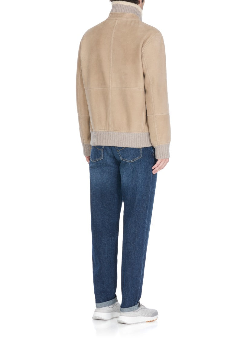 Brunello Cucinelli Beige Leather Bomber Jacket