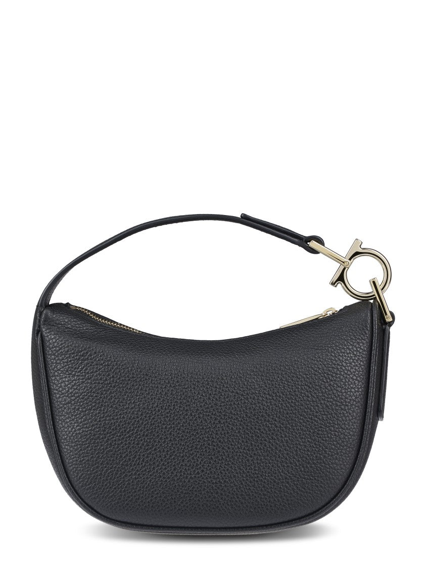 Ferragamo Rounded Black Leather Bag With Gold-Tone Accents