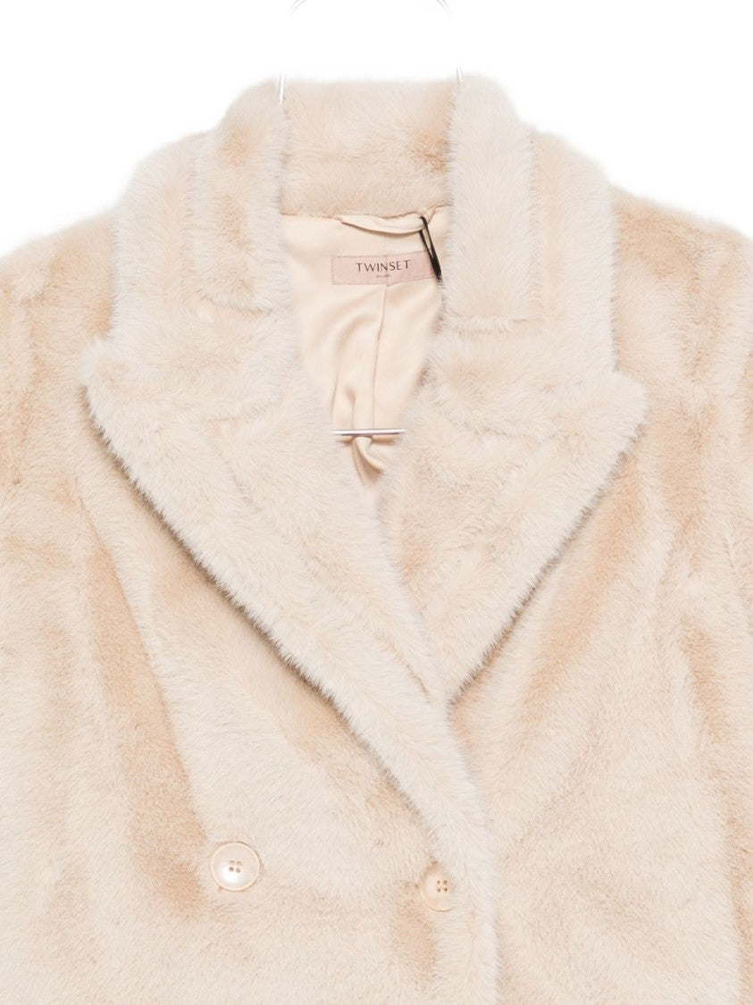 Twin-Set Double-Breasted Plush Coat With Wide Lapels