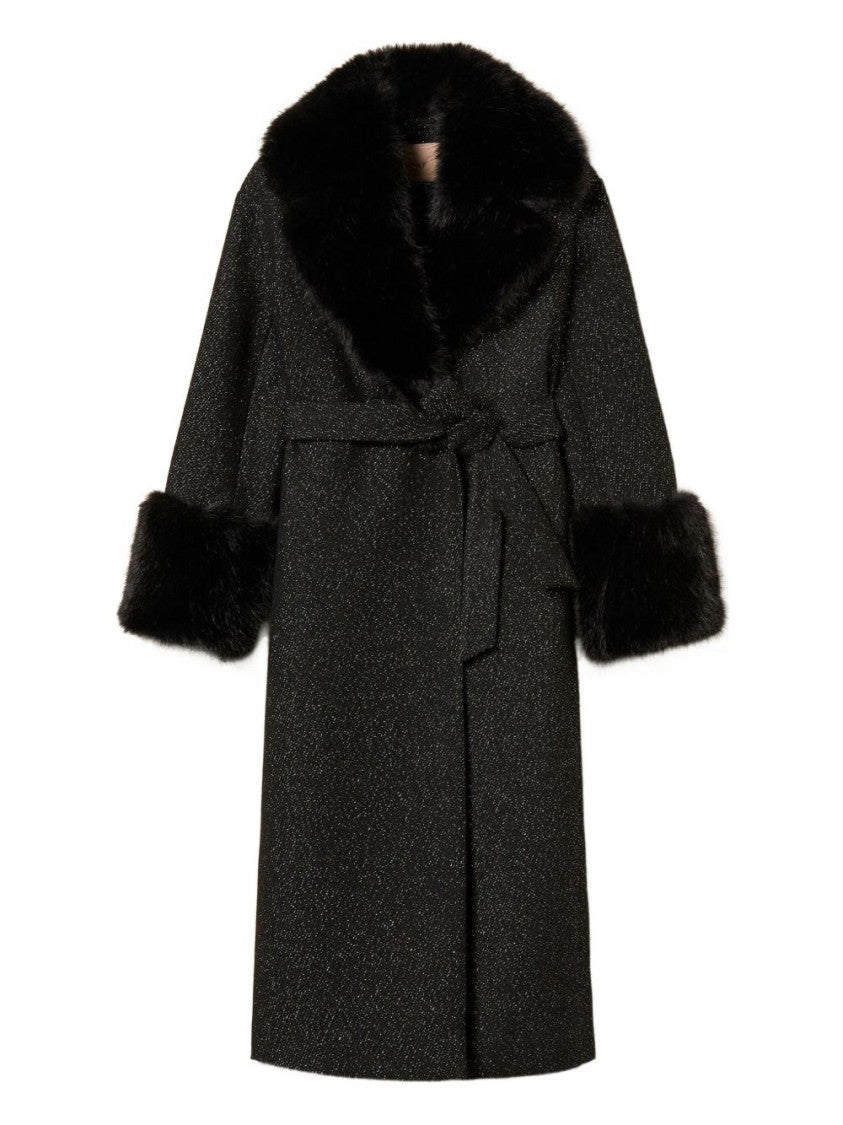 Twin-Set Textured Black Coat With Fur Trim