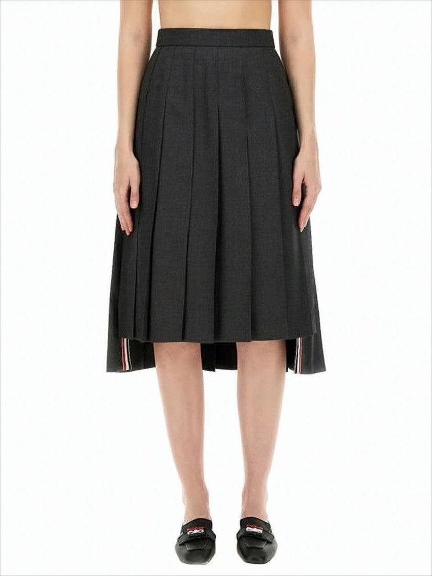 Thom Browne Pleated Black Midi Skirt With Structured Waistband And Subtle Side Stripes