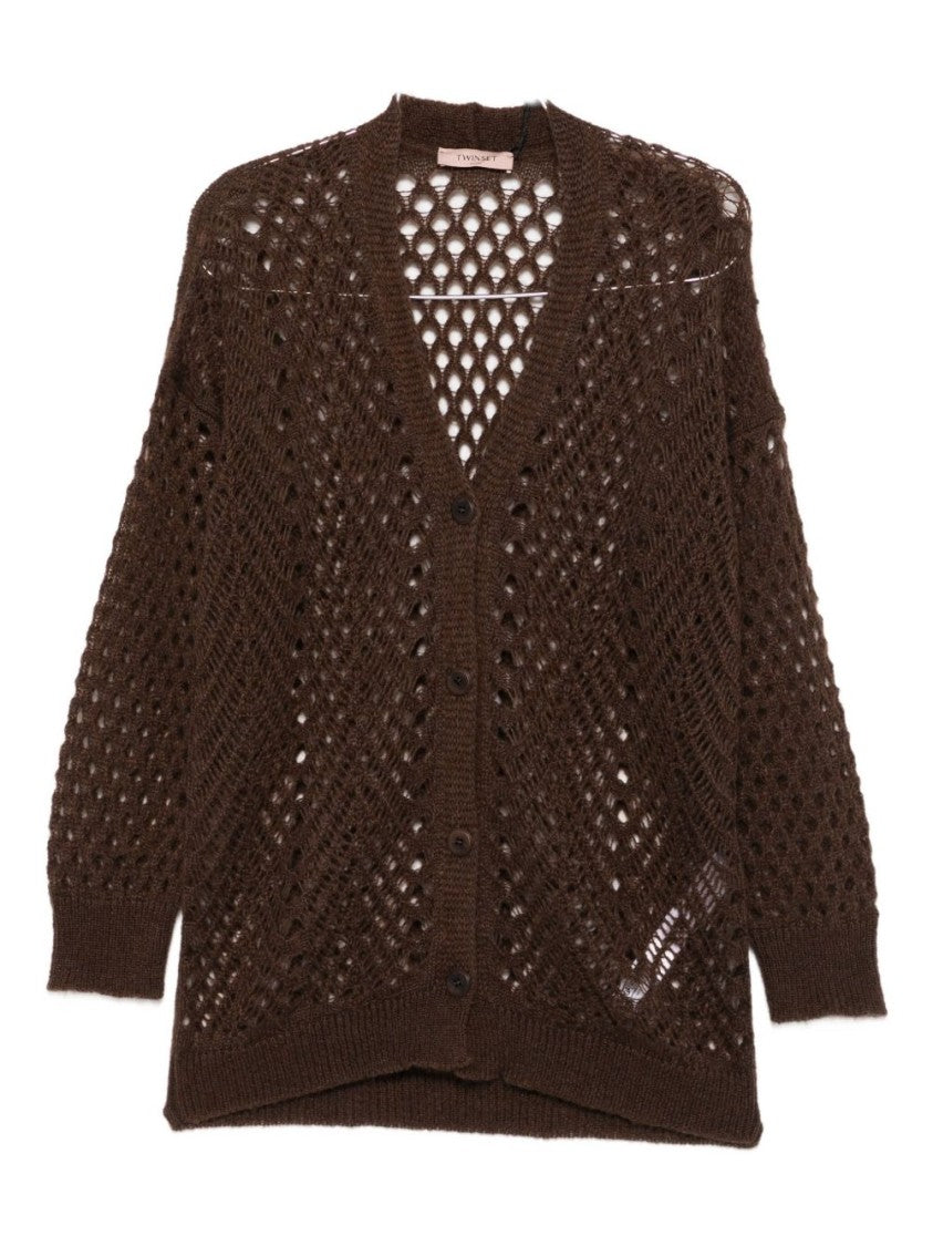 Twin-Set Open-Knit Brown Mohair And Wool Blend Cardigan