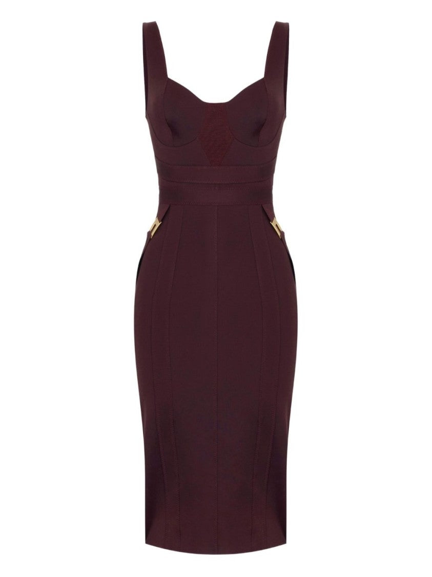 Elisabetta Franchi Structured Burgundy Midi Dress With Sweetheart Neckline