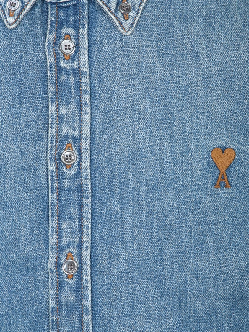 Ami Classic Blue Denim Shirt With Structured Collar And Button-Down Front
