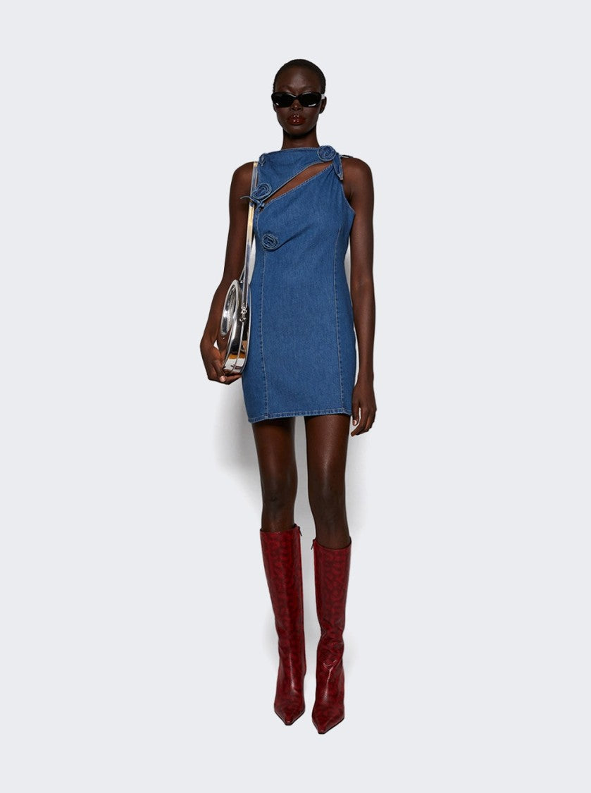Coperni Denim Asymmetric Flower Mini Dress Blue