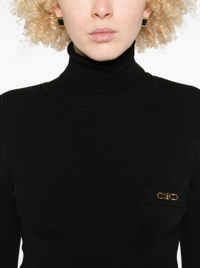 Elisabetta Franchi Black Midi Dress With Ribbed Turtleneck