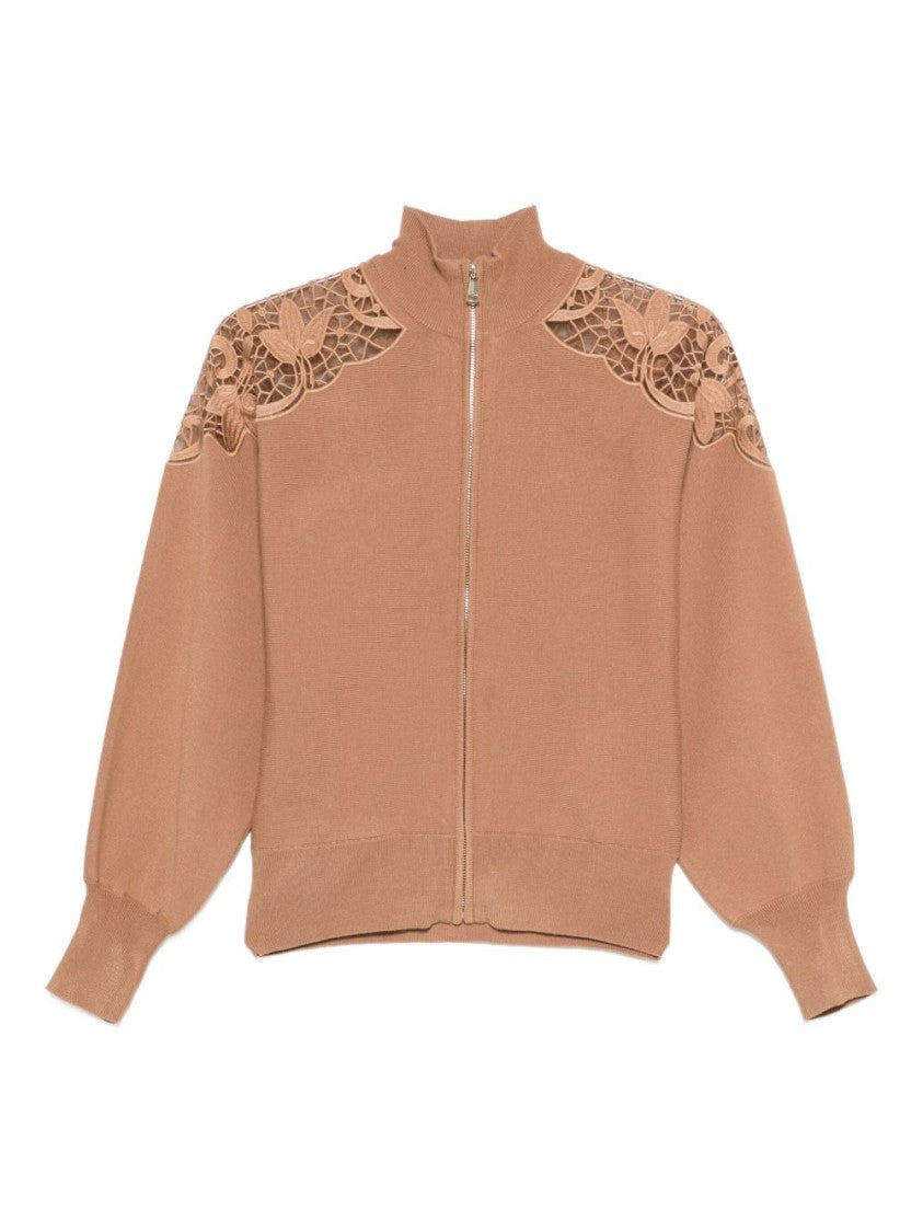 Twin-Set High Collar Lace Cut-Out Coat With Ribbed Hem