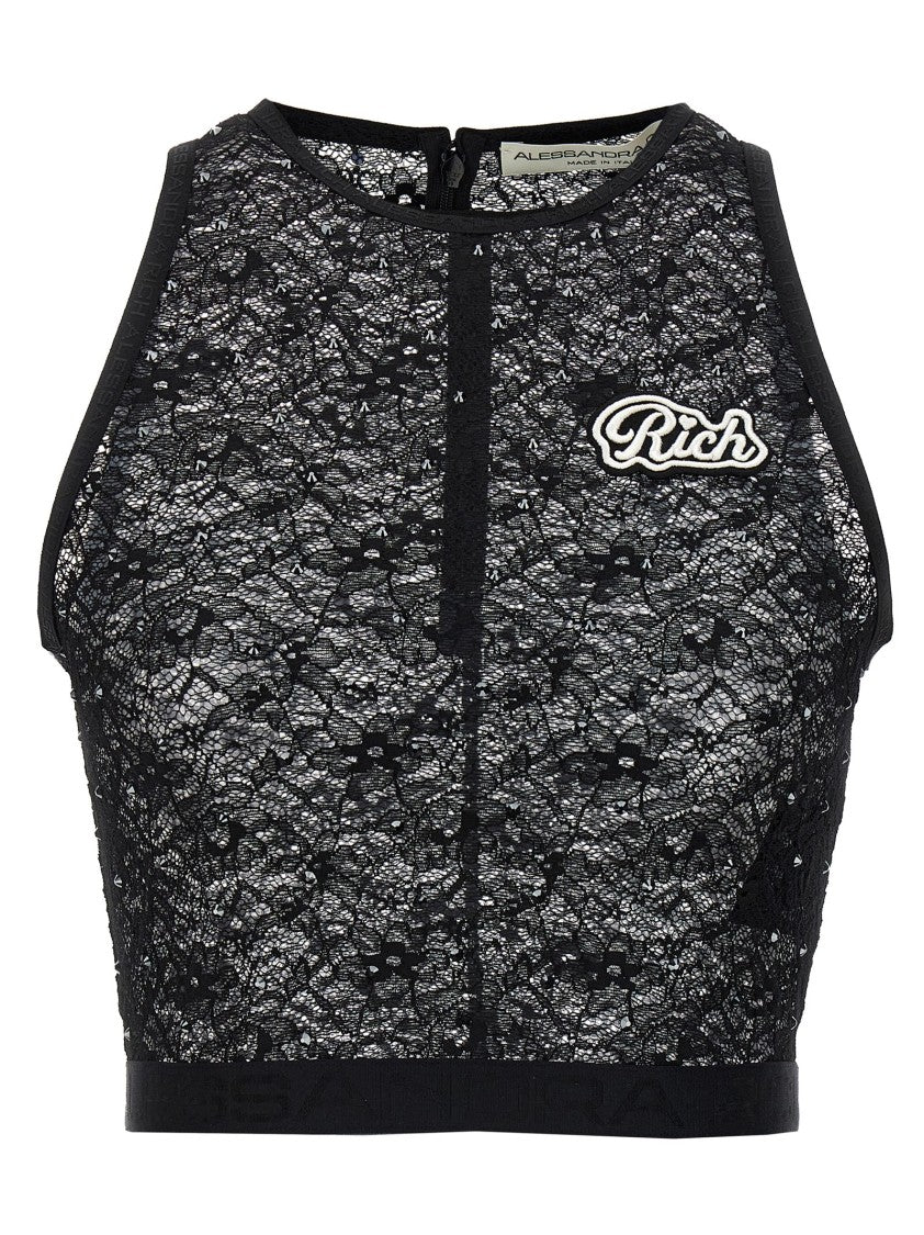 Alessandra Rich Rhinestone Appliqué Lace Top With Crew Neck