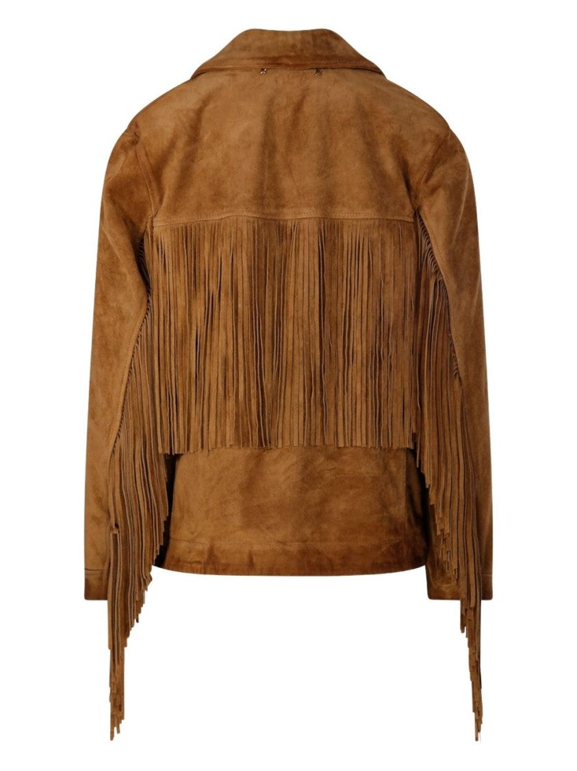 Golden Goose Brown Fringe-Detail Waxed Calf Leather Jacket