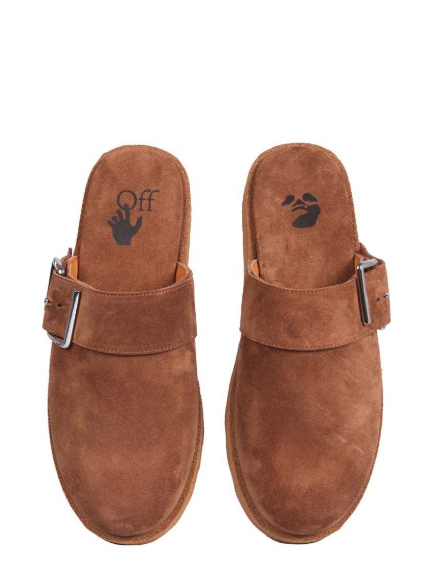Off-White Suede Upper Slippers With Adjustable Strap