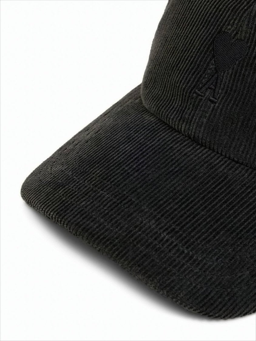 Ami Black Corduroy Baseball Cap With Embroidered Heart Detail