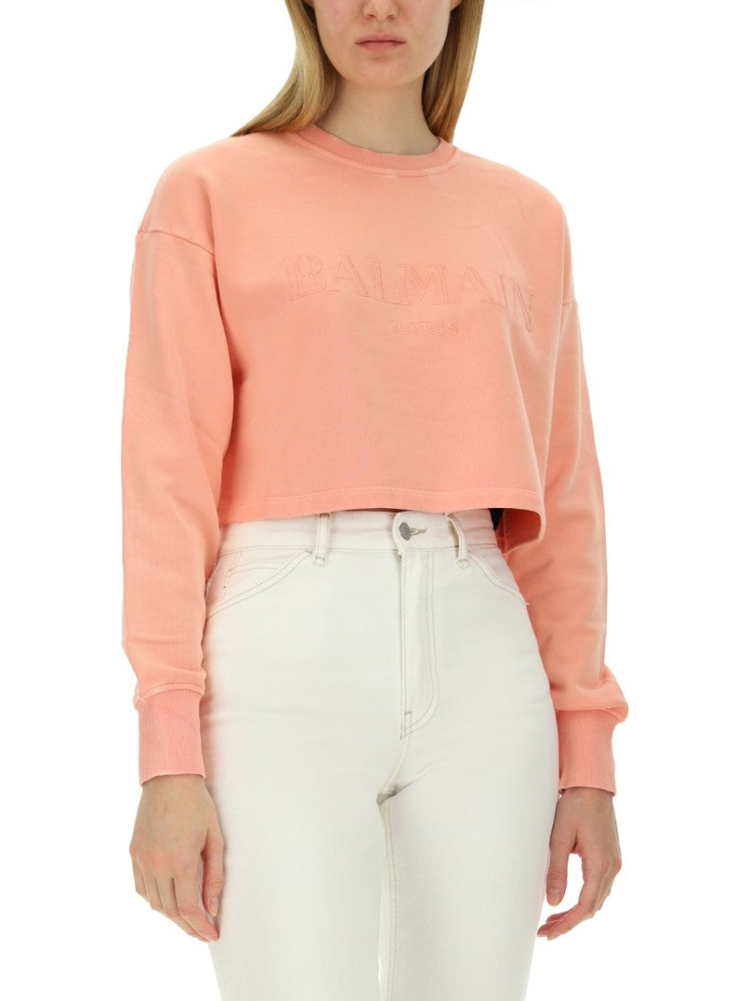 Balmain Cropped Fit Sweatshirt With Embossed Logo