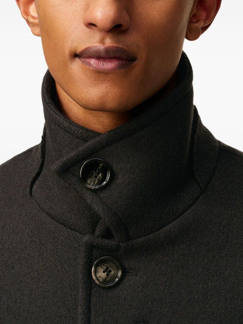 Ami Structured Grey Coat With High Collar And Button Closure