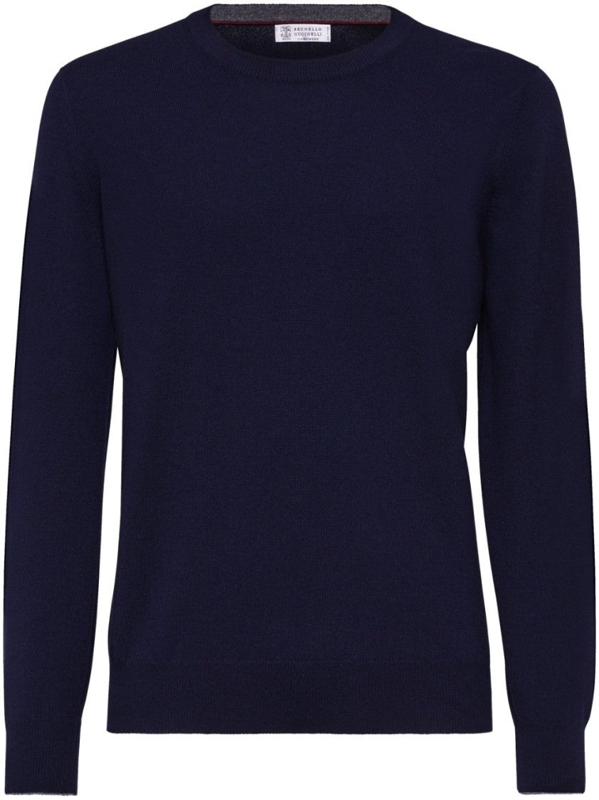 Brunello Cucinelli Dark Blue Cashmere Sweater With Classic Crew Neckline