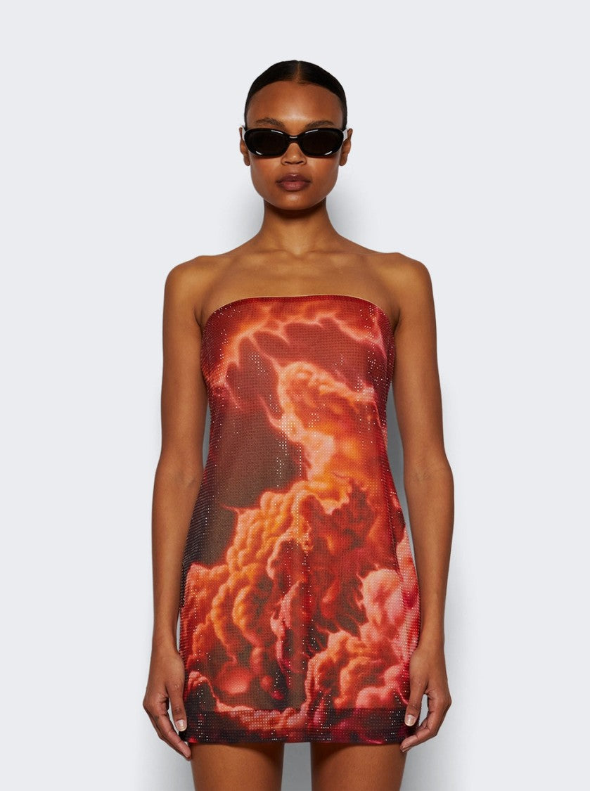 Alexander Wang Crystal Hotfix Organza Jersey Mini Dress Orange Cloud Print