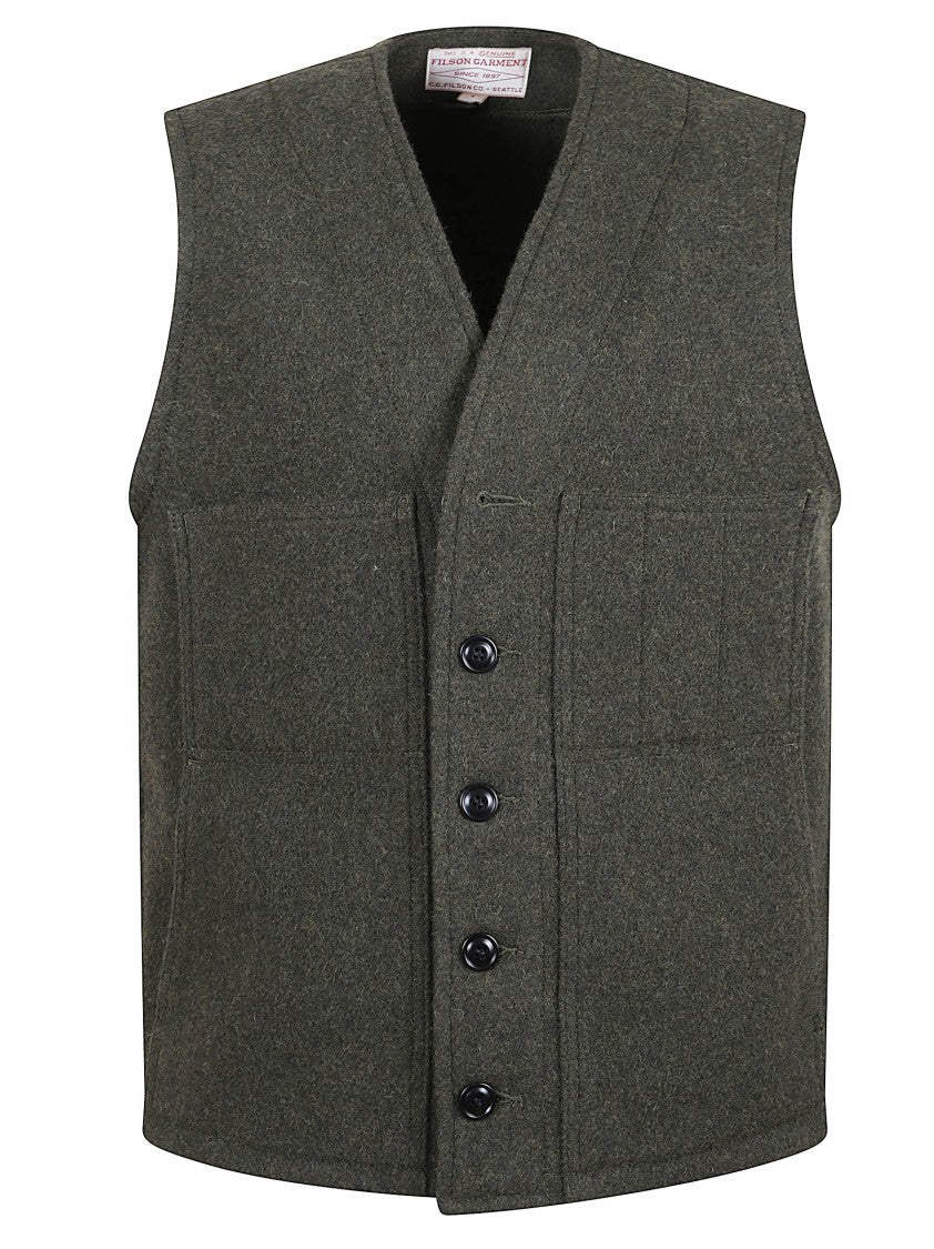 Filson Forest Green Wool Vest With Button Closure And Functional Pockets