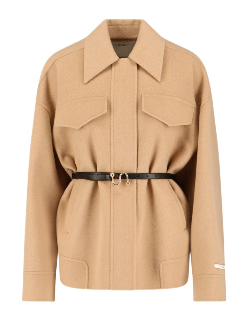 Sportmax Brown Draped Wool Caban With Hidden Zip Closure And Leather Belt