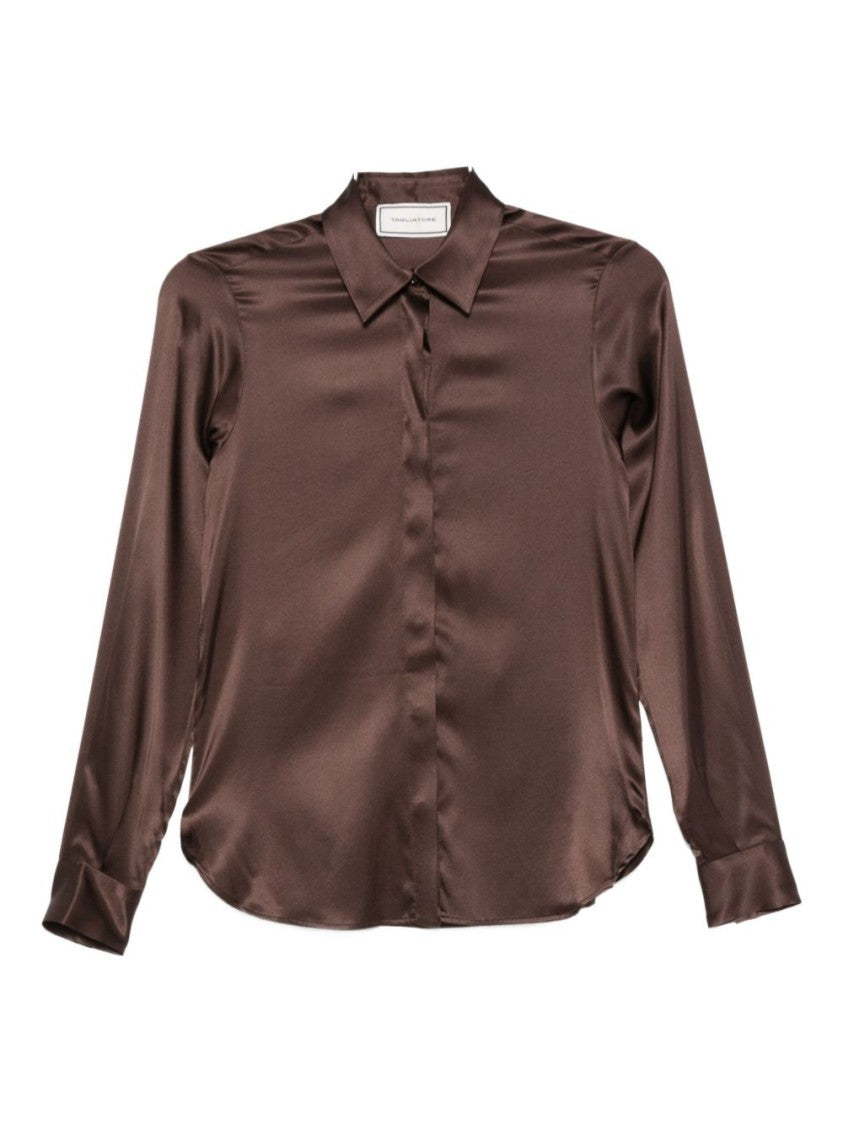 Tagliatore Silk-Elastane Blend Brown Shirt
