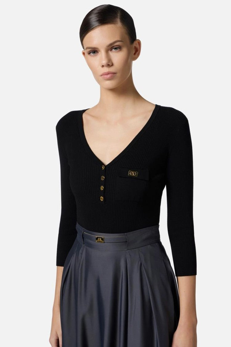 Elisabetta Franchi Fitted Black Sweater With Deep V-Neckline