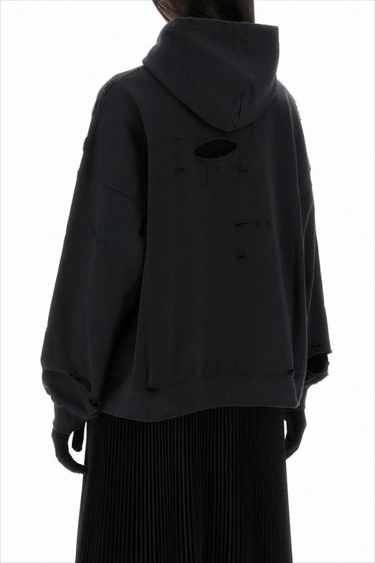 Balenciaga Distressed Black Cotton Hoodie