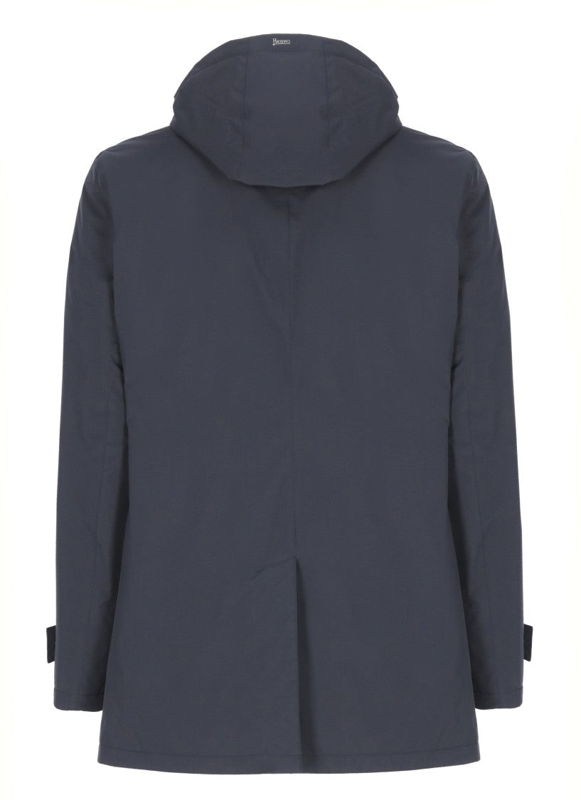 Herno Dark Blue Long Down Jacket With Removable Hood