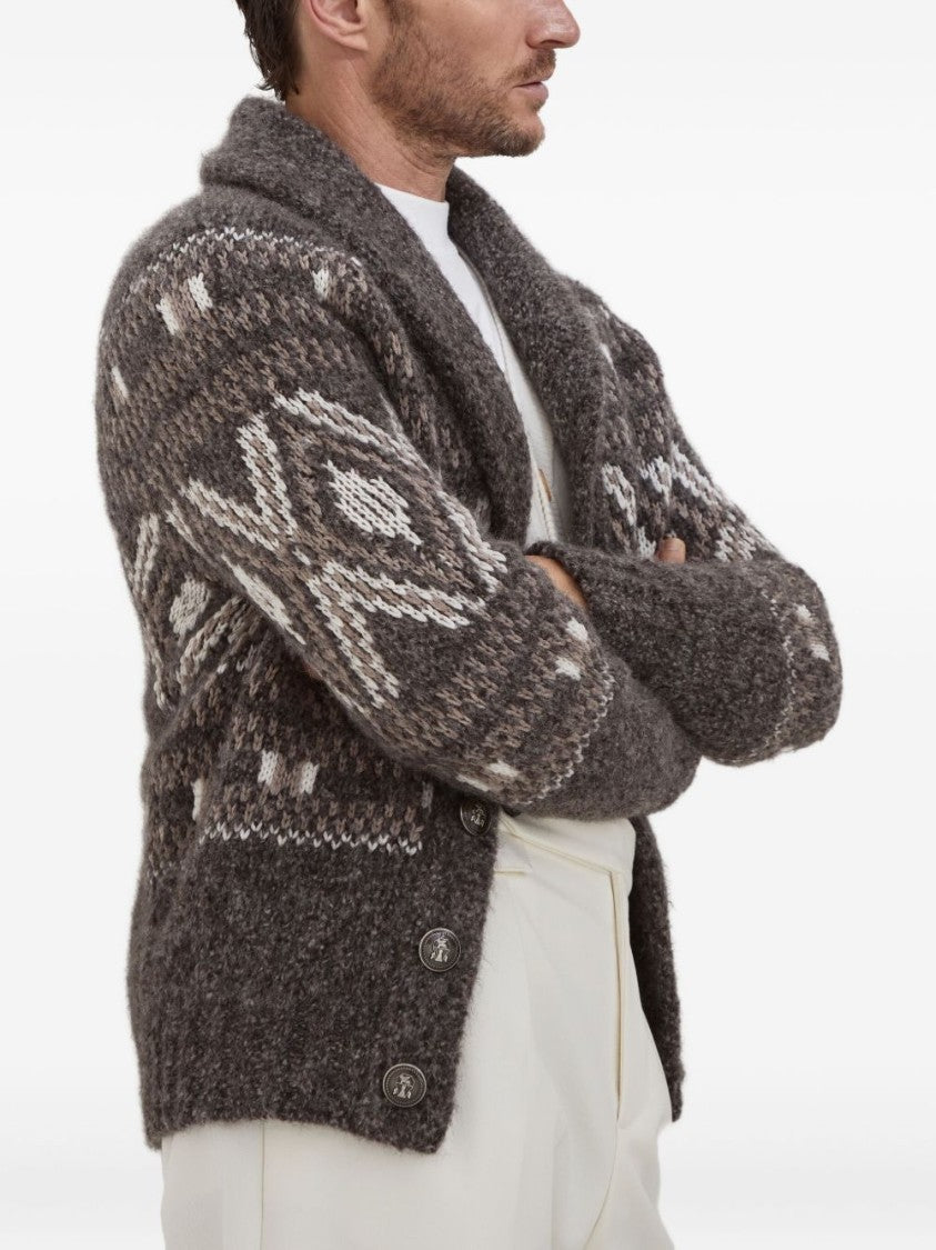 Brunello Cucinelli Shawl Collar Brown Sweater With Button Fastening And Textured Pattern