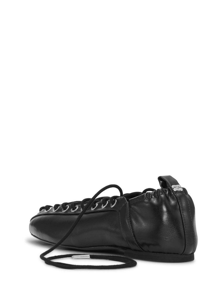 Ganni Eyelets Lace-Up Ballerina Flats With Crinkle Oleatex Finish