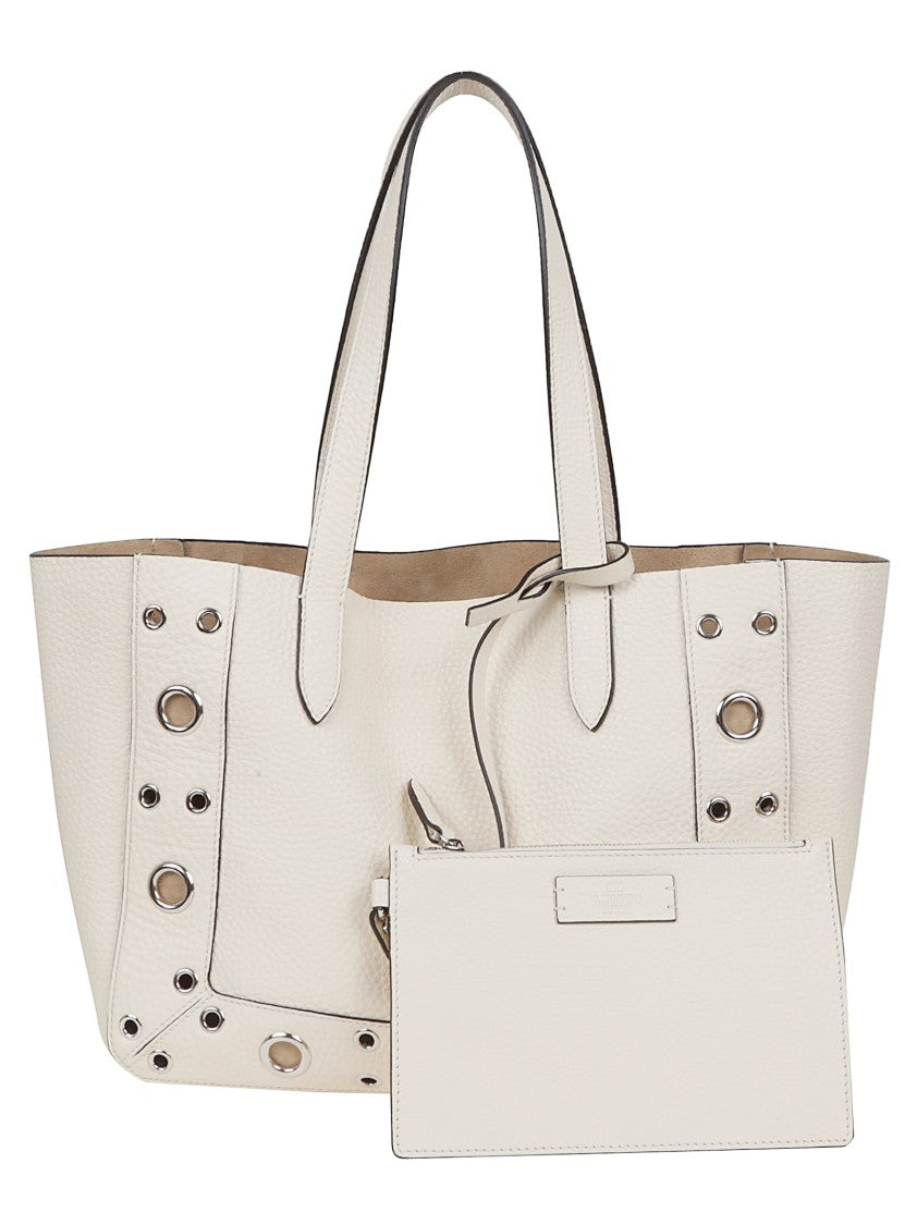 Valentino Garavani Medium Textured Leather Tote With Ball Studs And Signature Logo