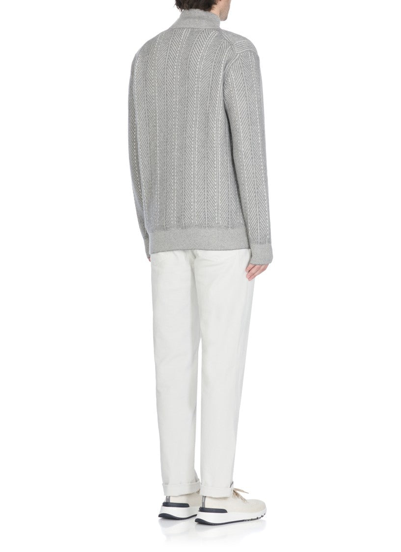 Brunello Cucinelli Grey Cashmere Cardigan With High Neck